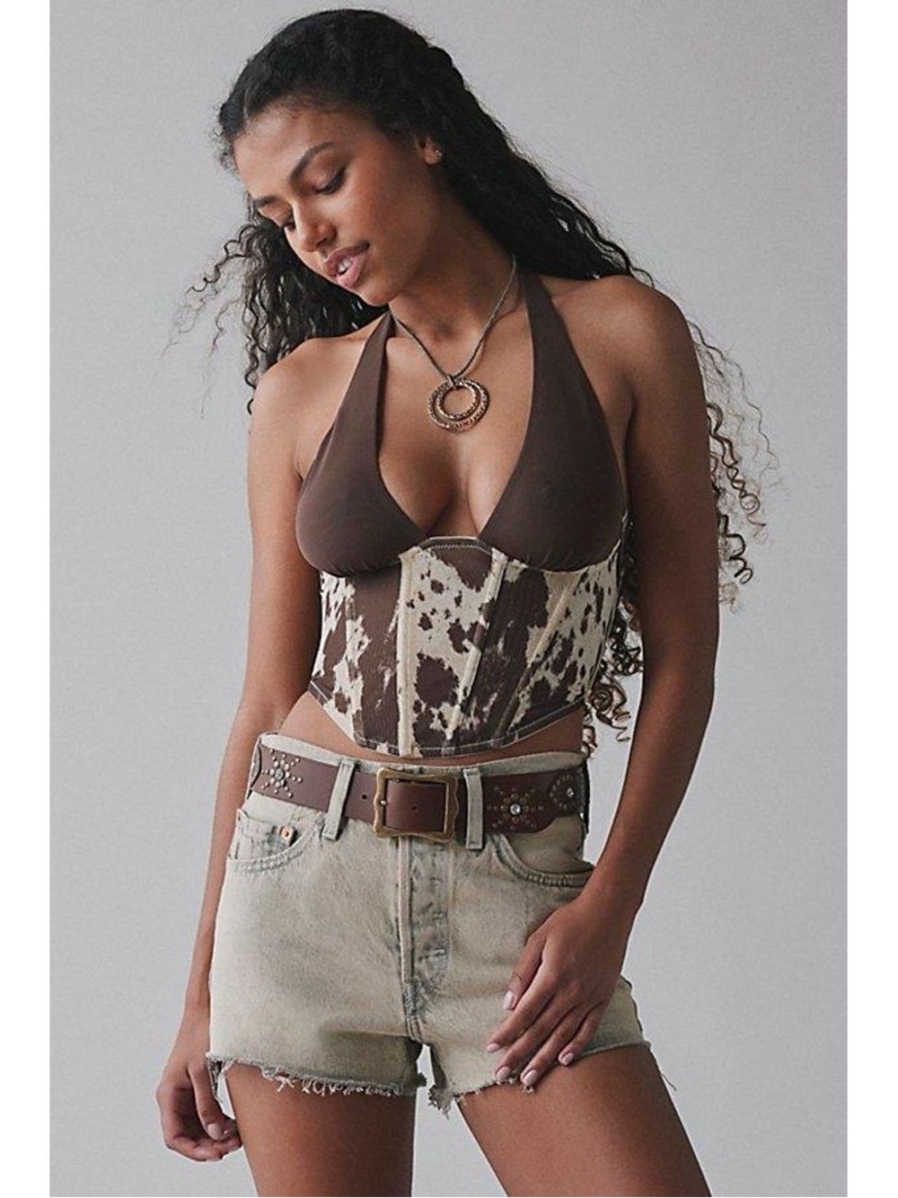 Out From Under Urban Outfitters Amaya Mesh Halter Corset Top in Brown/Spotty Cow